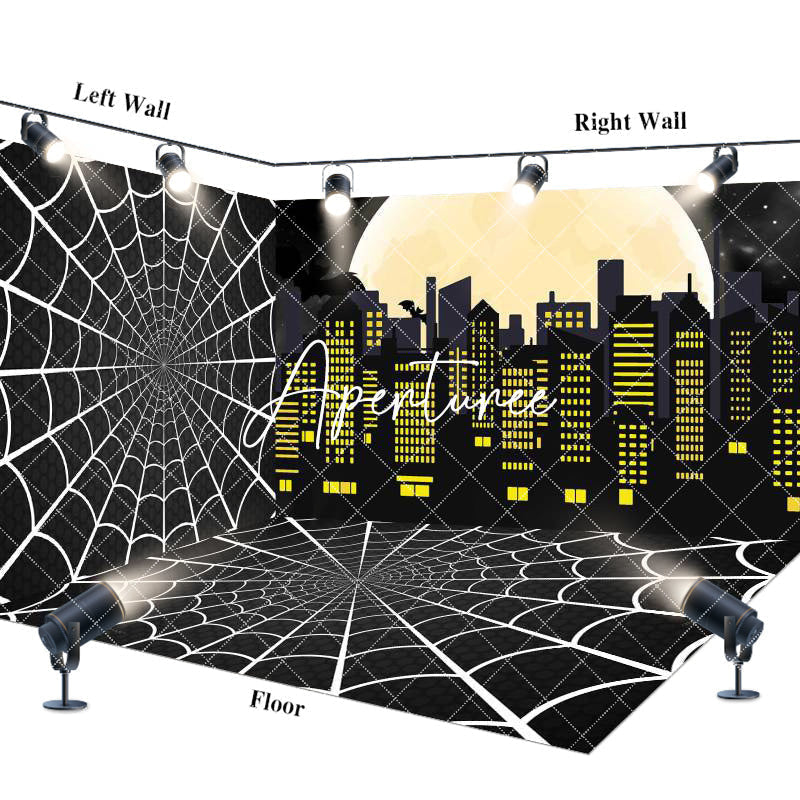 Aperturee - Aperturee Black Spider Wab Moon City Scene Room Set Backdrop