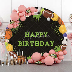 Aperturee - Aperturee Black Sports Ball Happy Birthday Round Backdrop featuring Soccer Football and Basketball Party Decor