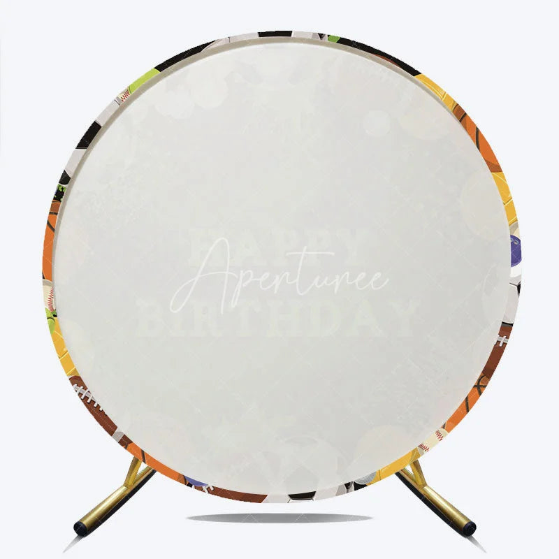 Aperturee - Aperturee Black Sports Ball Happy Birthday Round Backdrop featuring Soccer Football and Basketball Party Decor