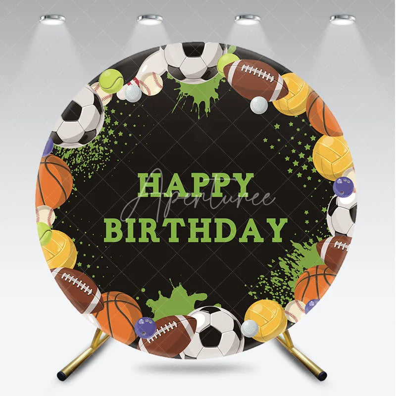 Aperturee - Aperturee Black Sports Ball Happy Birthday Round Backdrop featuring Soccer Football and Basketball Party Decor