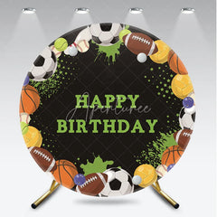 Aperturee - Aperturee Black Sports Ball Happy Birthday Round Backdrop featuring Soccer Football and Basketball Party Decor