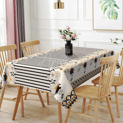 Aperturee - Aperturee Black Striped Orange Floral Border Rectangle Tablecloth Cream Background Fall Flower Modern Farmhouse Dining Table