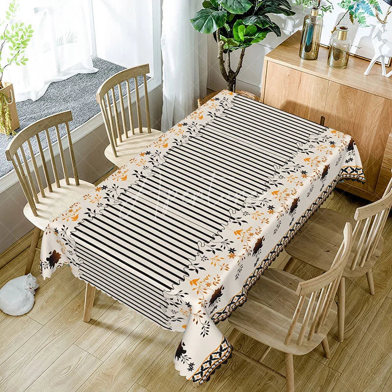 Aperturee - Aperturee Black Striped Orange Floral Border Rectangle Tablecloth Cream Background Fall Flower Modern Farmhouse Dining Table