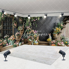Aperturee - Aperturee Black Wall Floral Bunny Eggs Easter Room Set Backdrop