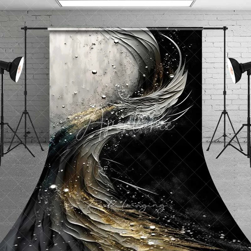 Aperturee - Aperturee Black White and Gold 3D Sweeping Lines Backdrop Metallic Droplets Abstract Photography Background