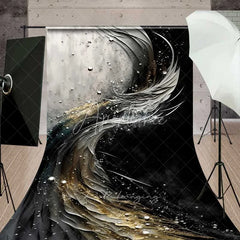 Aperturee - Aperturee Black White and Gold 3D Sweeping Lines Backdrop Metallic Droplets Abstract Photography Background