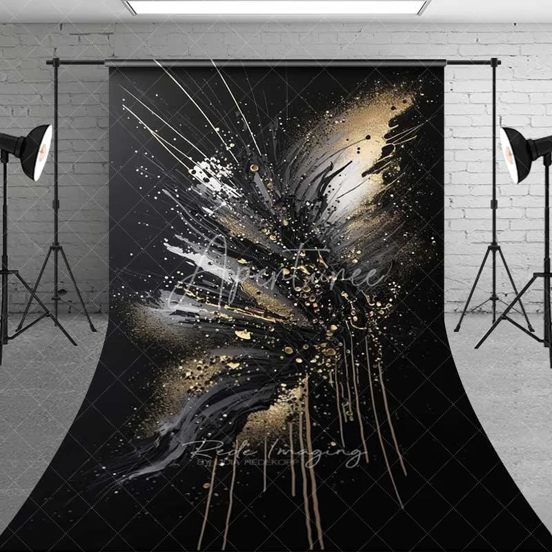 Aperturee - Aperturee Black White and Gold Explosive Art Backdrop Abstract Paint Drips and Splatter Photography Background