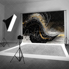Aperturee - Aperturee Black White and Gold Swirl Fluid Art Backdrop Glitter Confetti Photography Background Elegant Decor