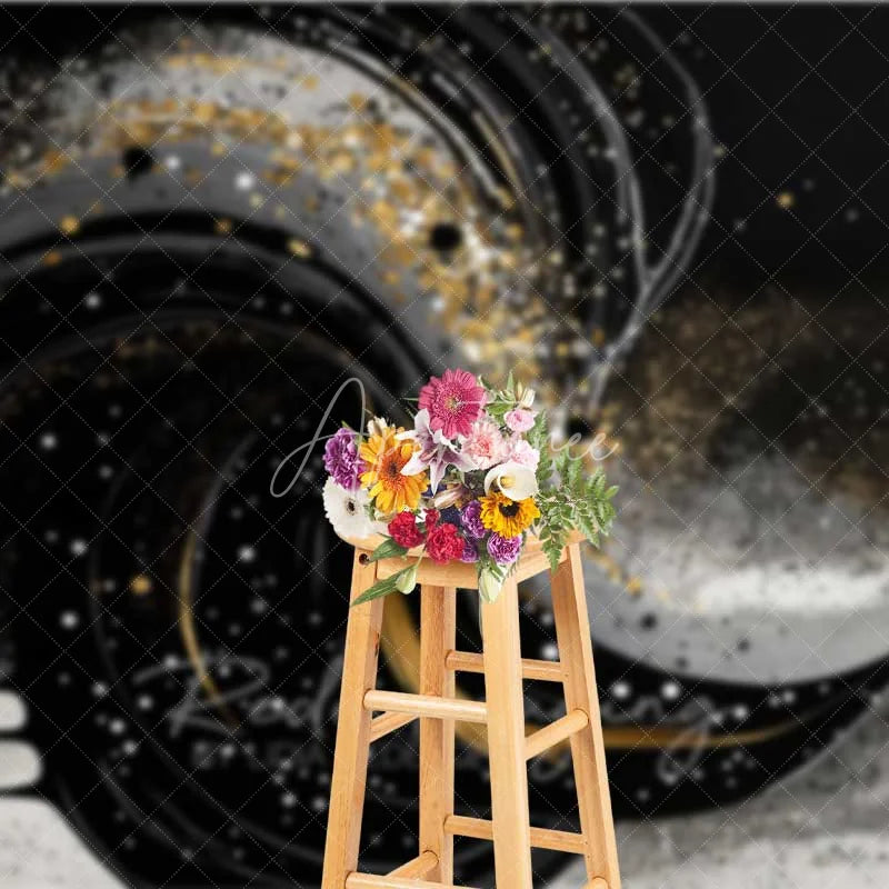 Aperturee - Aperturee Black White and Gold Swirl Fluid Art Backdrop Glitter Confetti Photography Background Elegant Decor