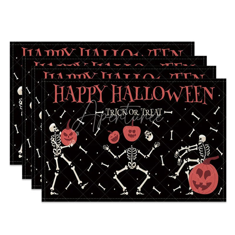 Aperturee - Aperturee Black White and Red Skeletons with Pumpkins Set of 4 Placemats for Spooky Halloween Party Decor