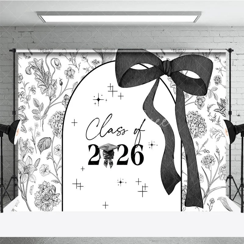 Aperturee - Aperturee Black White Floral Class of 2026 Graduation Backdrop