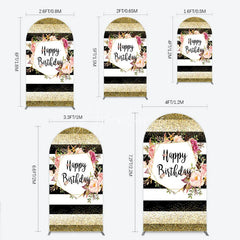 Aperturee - Aperturee Black White Stripe Birthday Arch Backdrop Pink Floral Gold Glitter Party Decoration Geometric Chic Background
