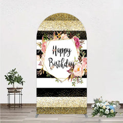 Aperturee - Aperturee Black White Stripe Birthday Arch Backdrop Pink Floral Gold Glitter Party Decoration Geometric Chic Background