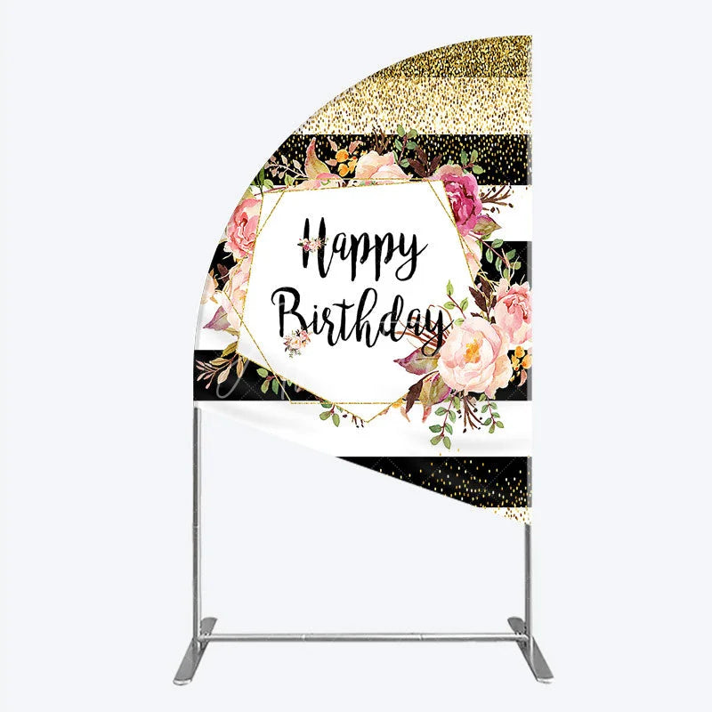 Aperturee - Aperturee Black White Stripe Birthday Half Moon Arch Backdrop Pink Floral Gold Glitter Party Decoration Geometric Chic