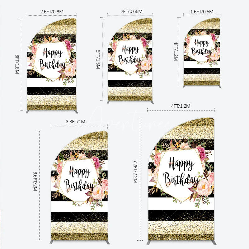 Aperturee - Aperturee Black White Stripe Birthday Half Moon Arch Backdrop Pink Floral Gold Glitter Party Decoration Geometric Chic