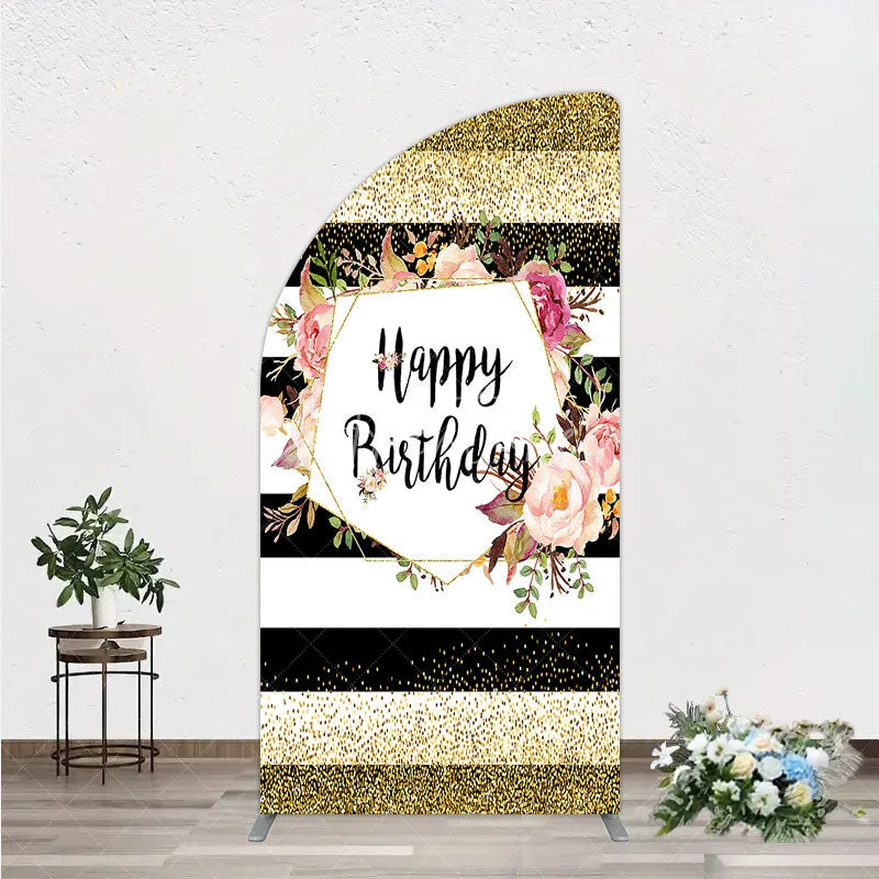 Aperturee - Aperturee Black White Stripe Birthday Half Moon Arch Backdrop Pink Floral Gold Glitter Party Decoration Geometric Chic