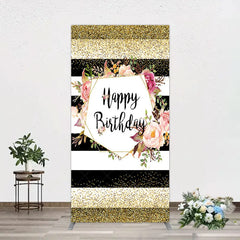 Aperturee - Aperturee Black White Stripe Birthday Rectangle Backdrop Pink Floral Gold Glitter Party Decoration Geometric Chic Background