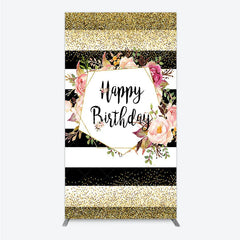 Aperturee - Aperturee Black White Stripe Birthday Rectangle Backdrop Pink Floral Gold Glitter Party Decoration Geometric Chic Background
