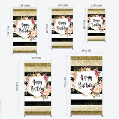 Aperturee - Aperturee Black White Stripe Birthday Rectangle Backdrop Pink Floral Gold Glitter Party Decoration Geometric Chic Background