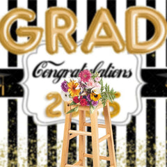 Aperturee - Aperturee Black White Stripe Gold Balloon Congrats Grad Backdrop