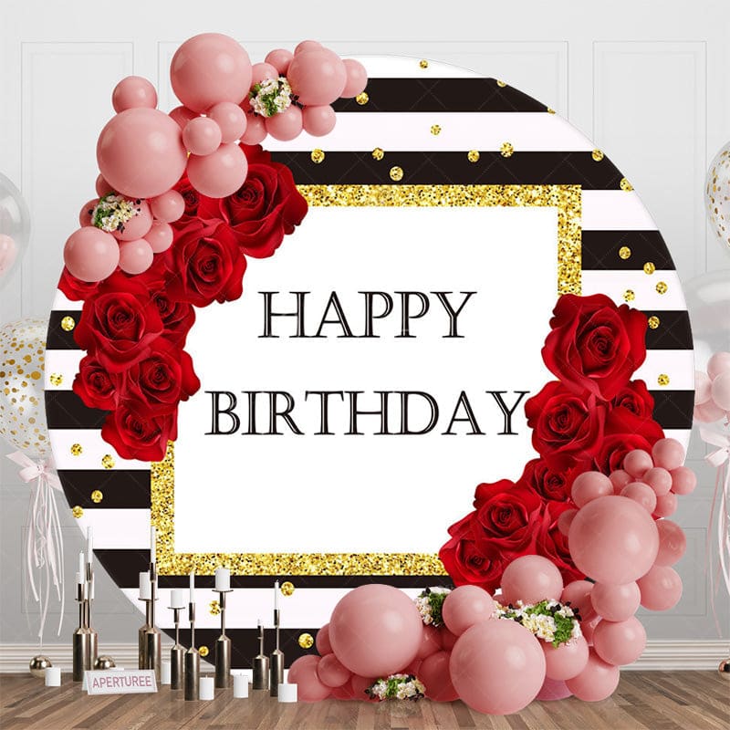 Aperturee - Aperturee Black White Stripe Rose Round Happy Birthday Backdrop
