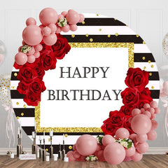 Aperturee - Aperturee Black White Stripe Rose Round Happy Birthday Backdrop