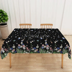 Aperturee - Aperturee Black Wildflower Rectangle Tablecloth Small Ditsy Floral Table Cover Rustic Farmhouse Home Decor