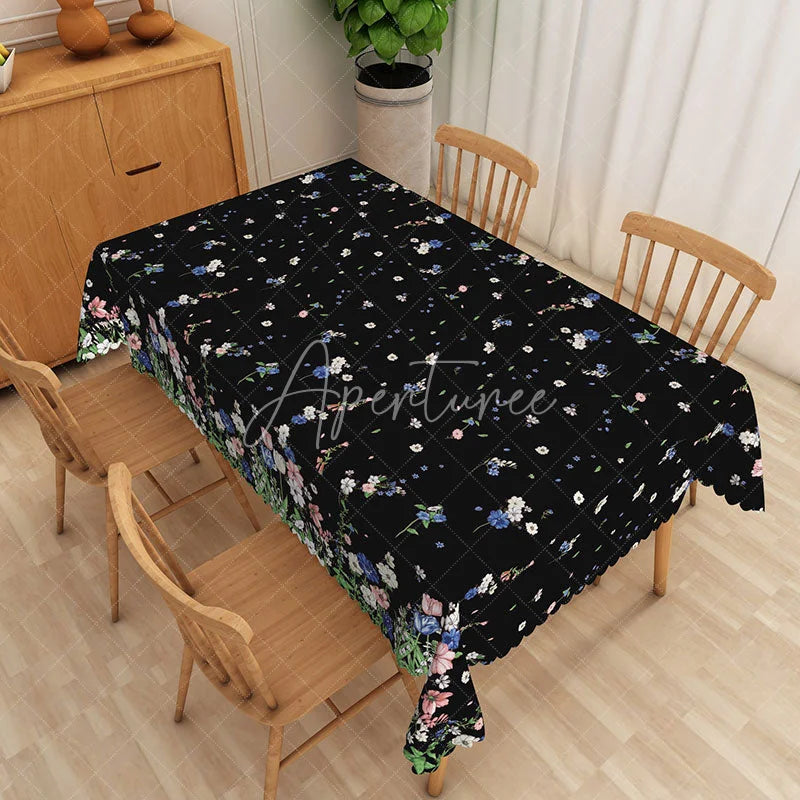 Aperturee - Aperturee Black Wildflower Rectangle Tablecloth Small Ditsy Floral Table Cover Rustic Farmhouse Home Decor
