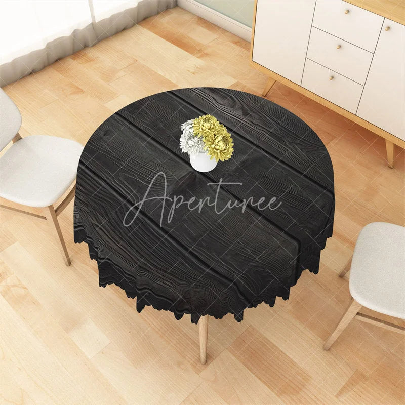 Aperturee - Aperturee Black Wood Grain Round Tablecloth Dark Rustic Wooden Texture Table Cover for Halloween