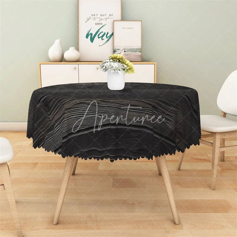 Aperturee - Aperturee Black Wood Grain Round Tablecloth Dark Rustic Wooden Texture Table Cover for Halloween