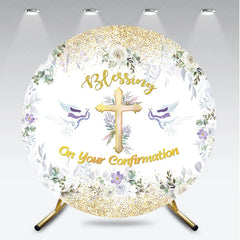 Aperturee - Aperturee Blessing On Your Confirmation Round Backdrop Gold Cross and Doves for Baptism or First Holy Communion Party
