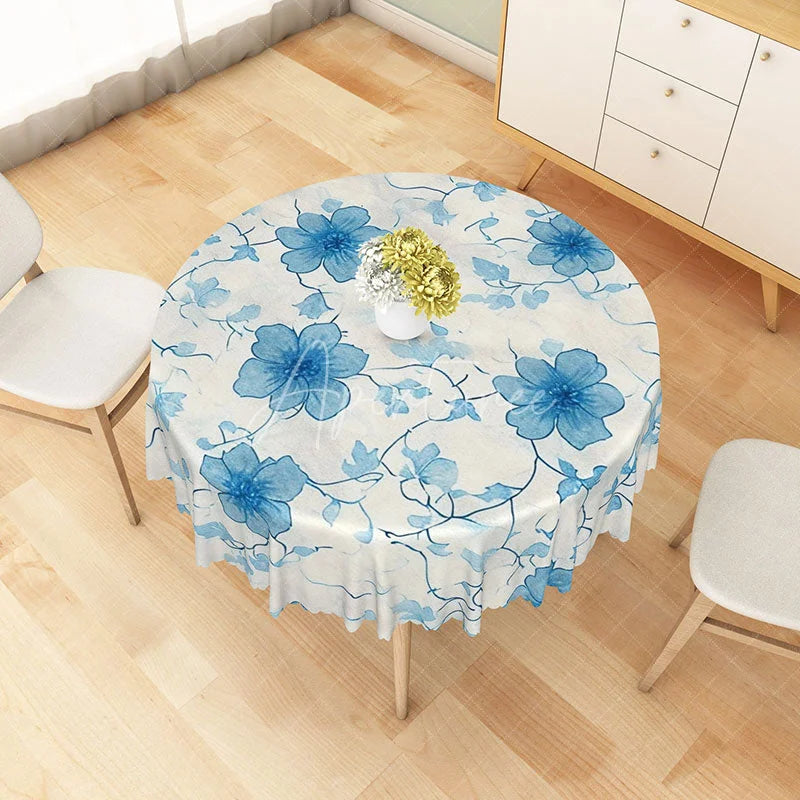 Aperturee - Aperturee Blooming Blue Floral Round Tablecloth for Spring Garden Party and French Country Kitchen Decor