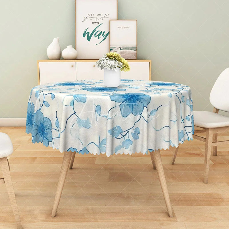 Aperturee - Aperturee Blooming Blue Floral Round Tablecloth for Spring Garden Party and French Country Kitchen Decor