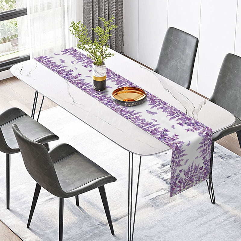 Aperturee - Aperturee Blooming Lavender and Butterfly Table Runner Purple Floral and Insect Decor Spring Garden Party Kitchen Linen