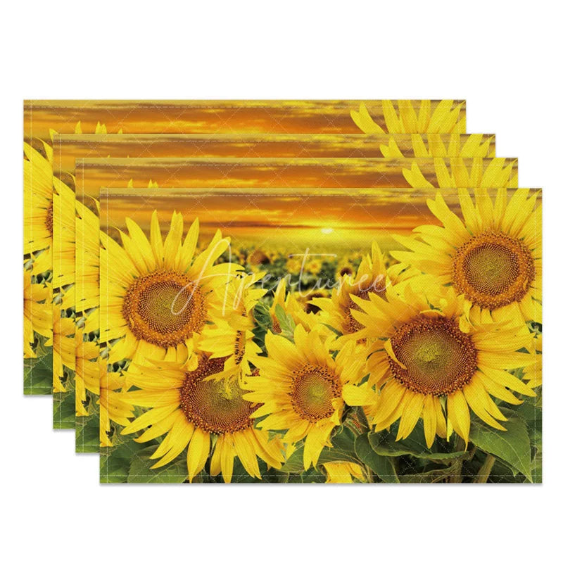 Aperturee - Aperturee Blooming Yellow Sunflowers Pattern Set of 4 Placemats for Summer Fall and Farmhouse Kitchen Decor