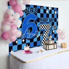 Aperturee - Aperturee Blue and Black Checkered Racing I Was 6 Now I Am 7 Birthday Backdrop Fun Kids Party Decor with Stars