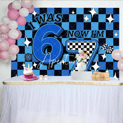 Aperturee - Aperturee Blue and Black Checkered Racing I Was 6 Now I Am 7 Birthday Backdrop Fun Kids Party Decor with Stars