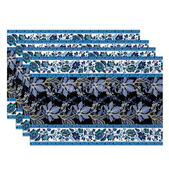 Aperturee - Aperturee Blue and Black Floral Stripe Set of 4 Placemats Vintage Flower Pattern Elegant Dining Table Mats