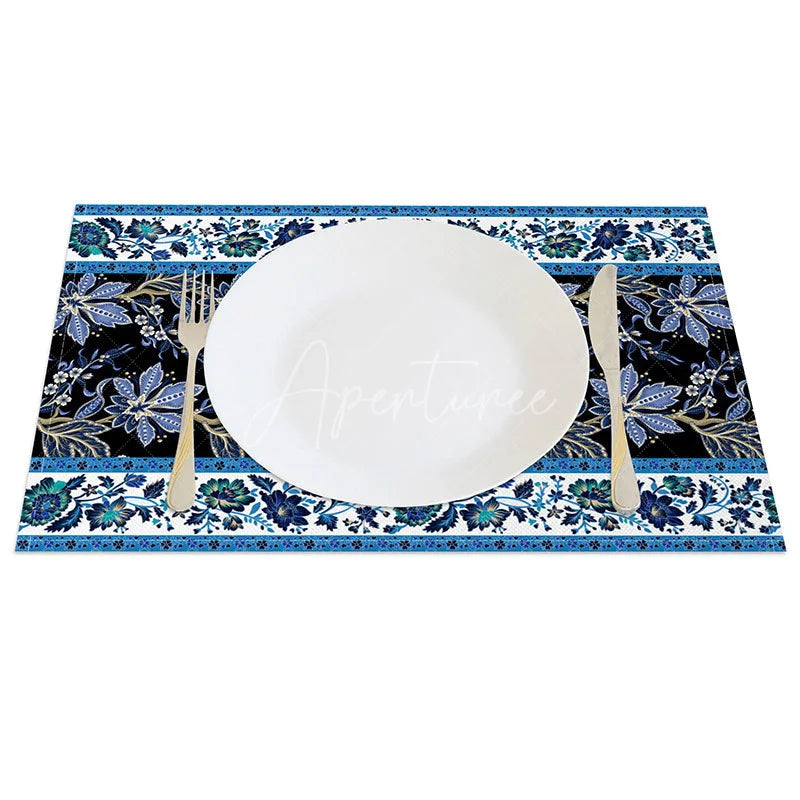 Aperturee - Aperturee Blue and Black Floral Stripe Set of 4 Placemats Vintage Flower Pattern Elegant Dining Table Mats