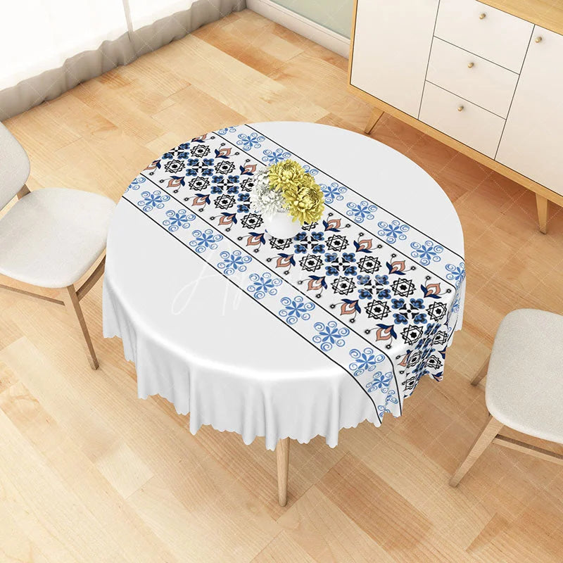 Aperturee - Aperturee Blue and Black Geometric Floral Runner Round Tablecloth Elegant Bohemian Style Table Cover