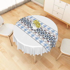 Aperturee - Aperturee Blue and Black Geometric Floral Runner Round Tablecloth Elegant Bohemian Style Table Cover