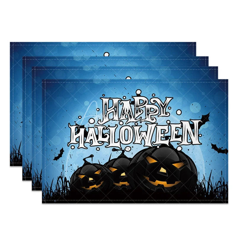 Aperturee - Aperturee Blue and Black Jack-O’-Lantern Halloween Set of 4 Placemats for Unique and Spooky Kids Party Decor