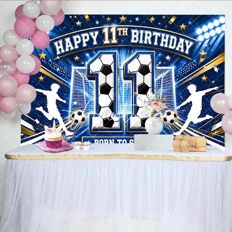 Aperturee - Aperturee Blue and Gold Soccer Happy 11th Birthday Backdrop Boys Sports Theme Born to Score Football Party Decor