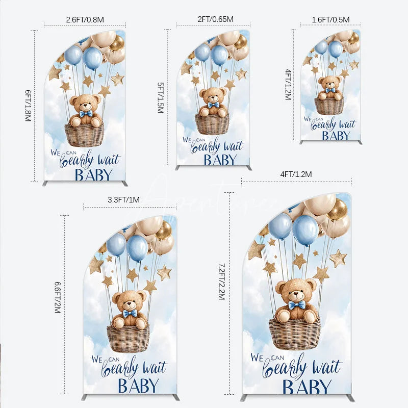 Aperturee - Aperturee Blue and Gold Teddy Bear Hot Air Balloon Half Moon Arch Backdrop We Can Bearly Wait Baby Shower Party Decor