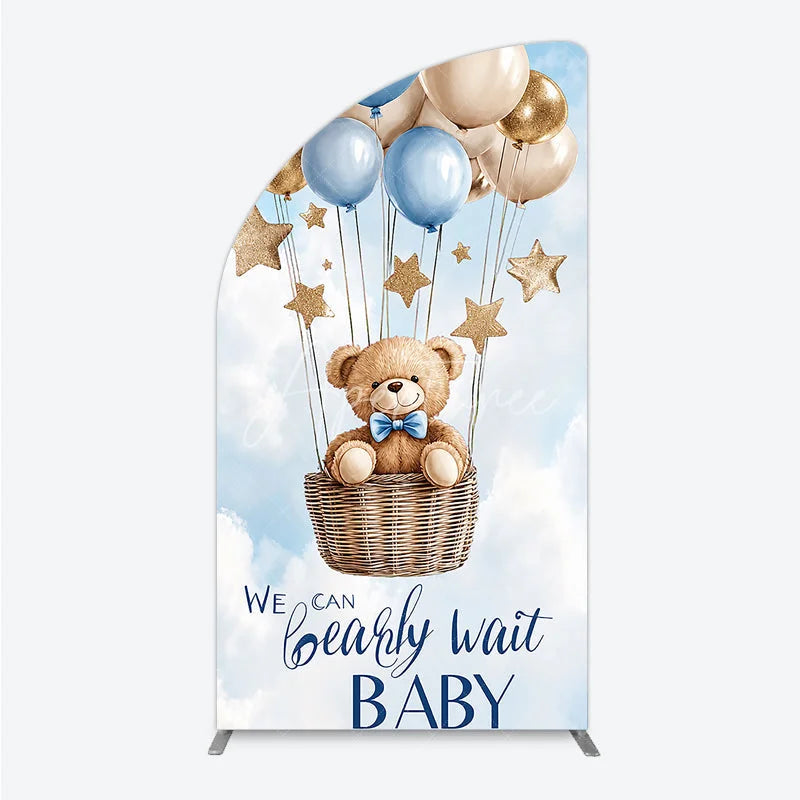 Aperturee - Aperturee Blue and Gold Teddy Bear Hot Air Balloon Half Moon Arch Backdrop We Can Bearly Wait Baby Shower Party Decor