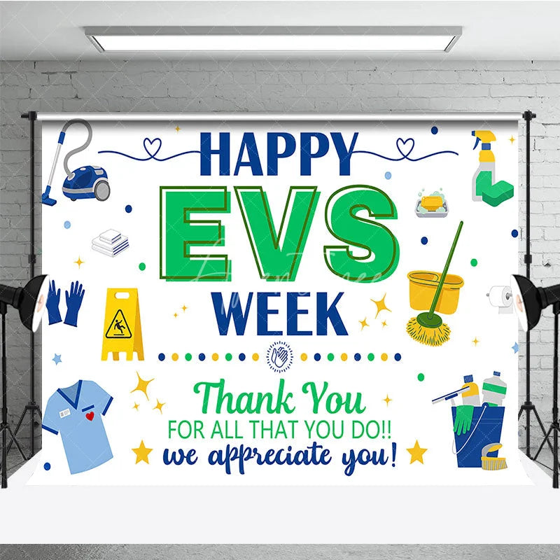 Aperturee - Aperturee Blue and Green Happy EVS Week Appreciation Holiday Backdrop featuring Cleaning Supplies and a Thank You Message