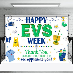 Aperturee - Aperturee Blue and Green Happy EVS Week Appreciation Holiday Backdrop featuring Cleaning Supplies and a Thank You Message