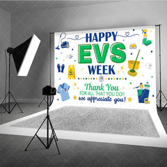 Aperturee - Aperturee Blue and Green Happy EVS Week Appreciation Holiday Backdrop featuring Cleaning Supplies and a Thank You Message