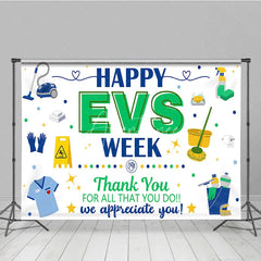 Aperturee - Aperturee Blue and Green Happy EVS Week Appreciation Holiday Backdrop featuring Cleaning Supplies and a Thank You Message