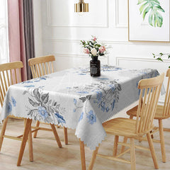 Aperturee - Aperturee Blue and Grey Floral Botanical Rectangle Tablecloth Elegant Vintage Kitchen Dining Table Cover for Spring Summer